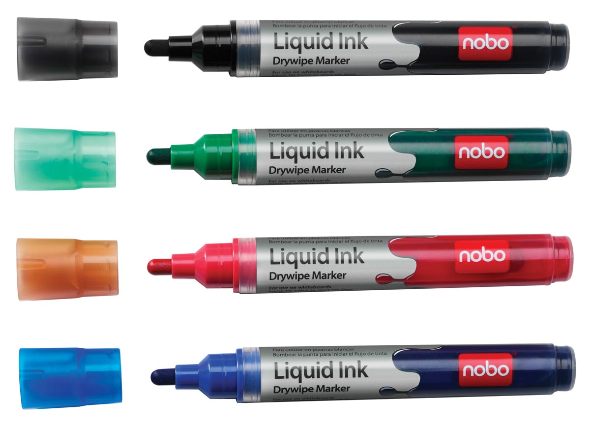Nobo Witbordstift Geassorteerde kleuren zwart, groen, rood en blauw, blister van 4 stuks