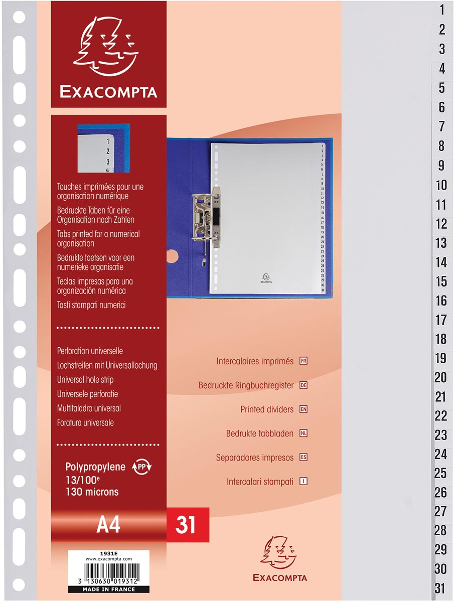 Exacompta tabbladen numeriek voor ft A4, uit PP, 31 tabs, grijs afbeelding