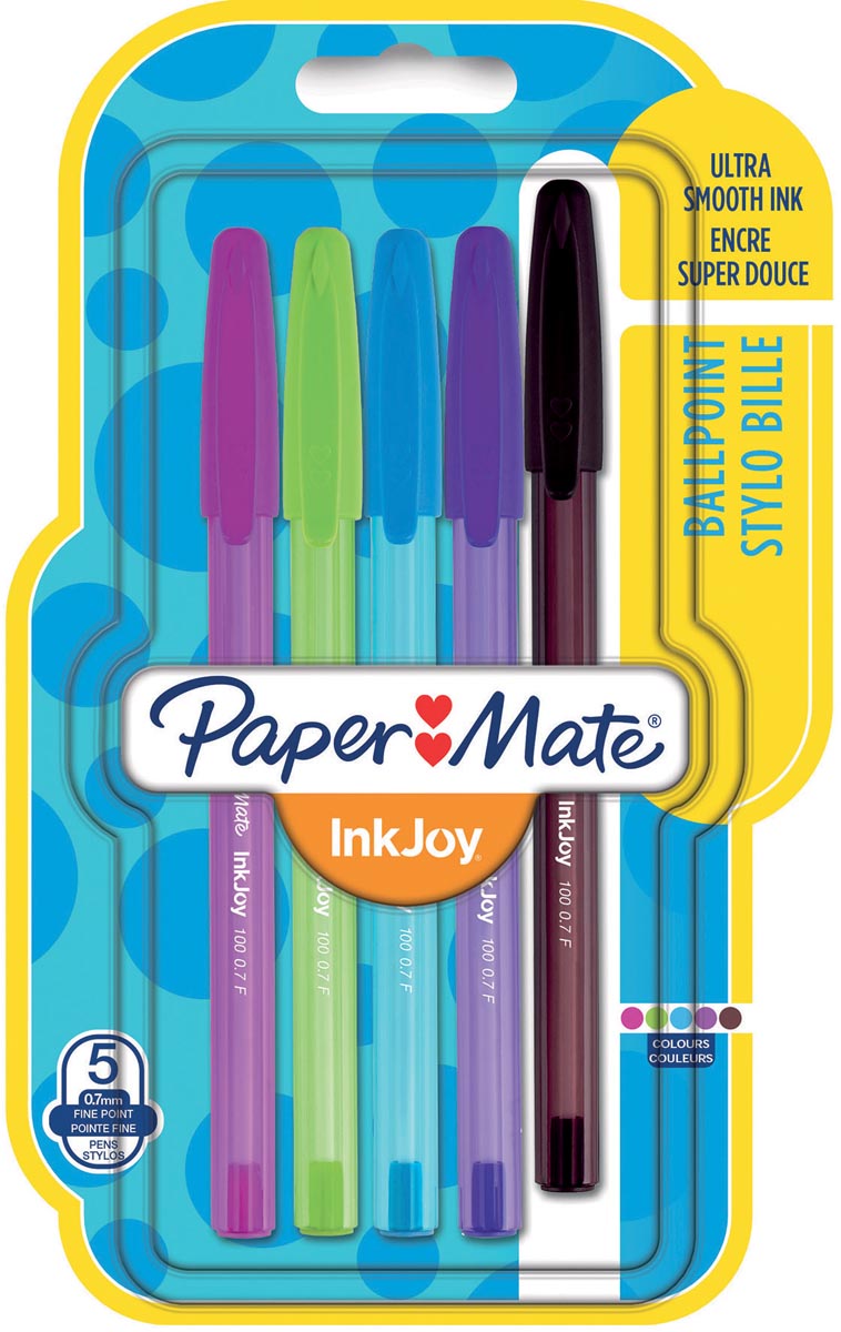 Paper Mate balpen InkJoy 100 met dop, blister met 5 stuks in geassorteerde fun kleuren