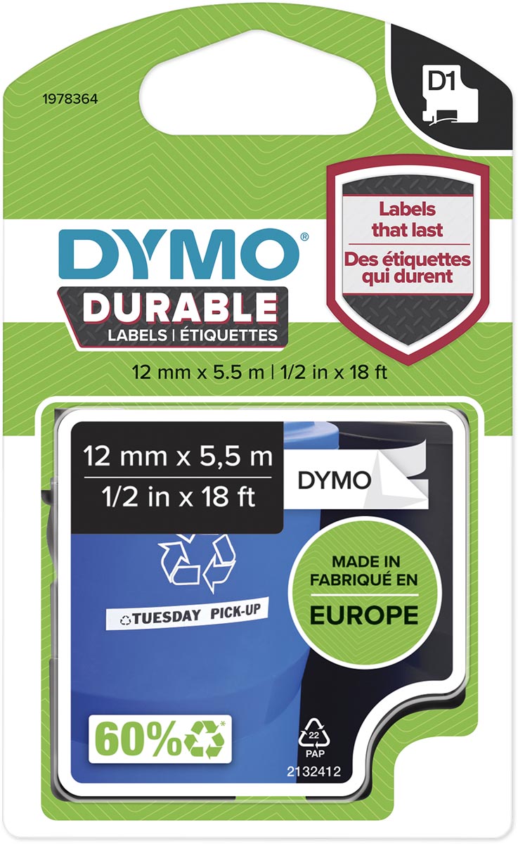 Dymo duurzame D1 tape 12 mm x 5 m, zwart op wit afbeelding