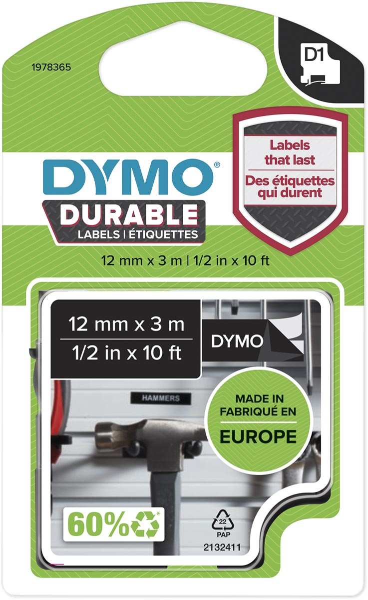 Dymo duurzame D1 tape 12 mm x 3 m, wit op zwart afbeelding