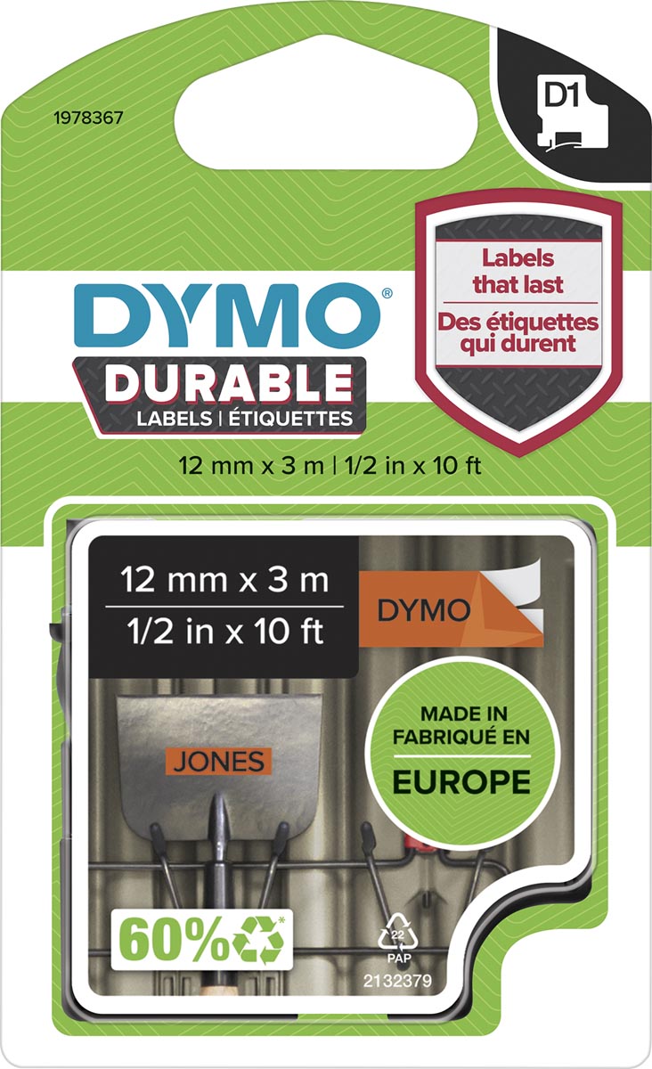 Dymo duurzame D1 tape 12 mm x 3, zwart op oranje afbeelding