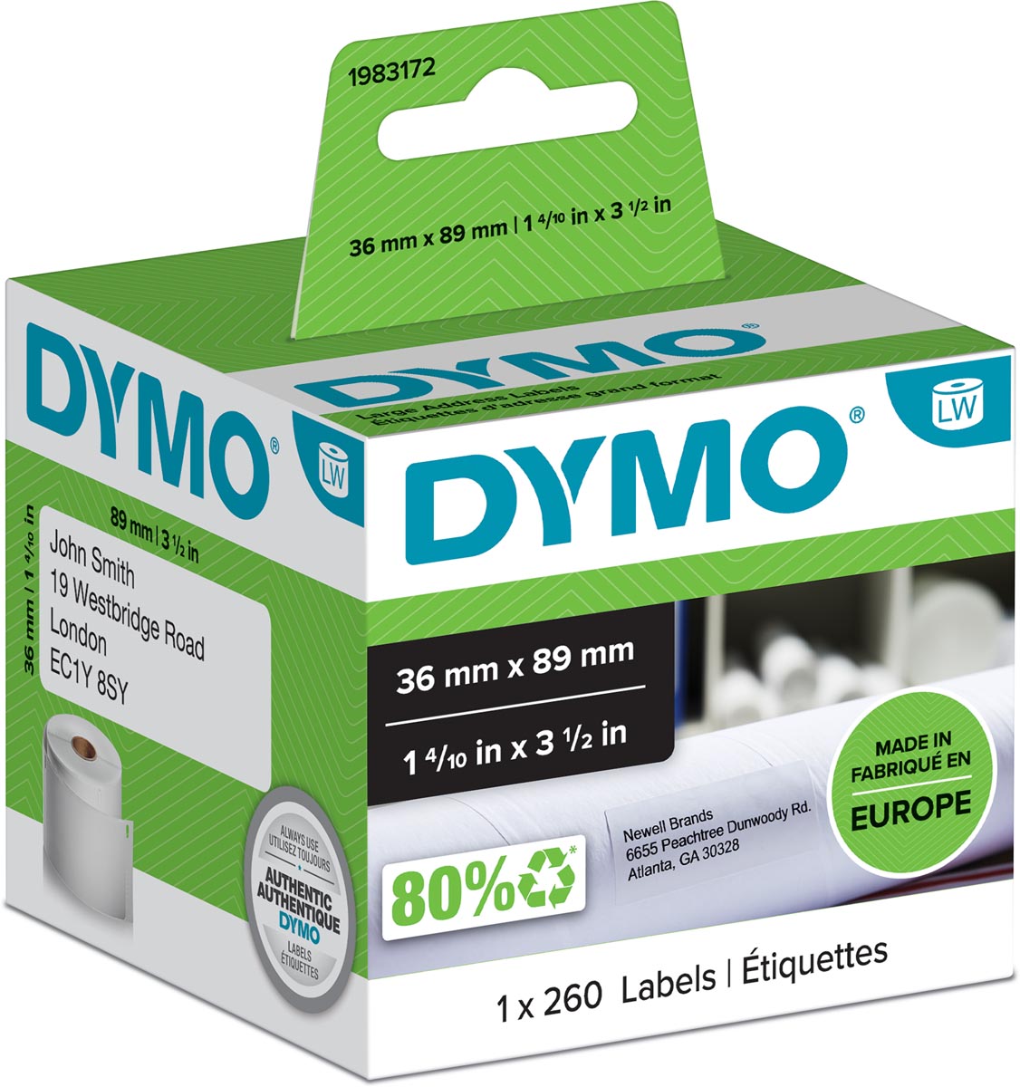 Dymo duurzame etiketten LabelWriter ft 89 x 36 mm, 260 etiketten afbeelding
