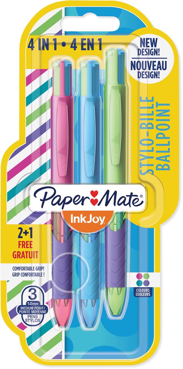 Paper Mate Inkjoy Quatro Joie de Vivre 4-kleurenbalpen, medium, klassieke inktkleuren, blister 2 + 1 grat afbeelding