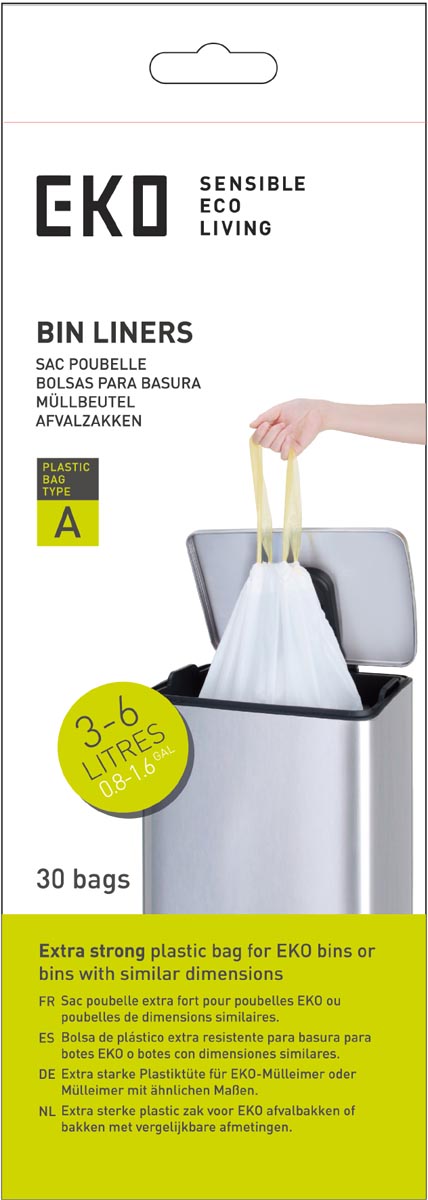 Eko vuilniszakken met trekbandsluiting, 3-6 liter, wit, 1 rol, 30 zakken