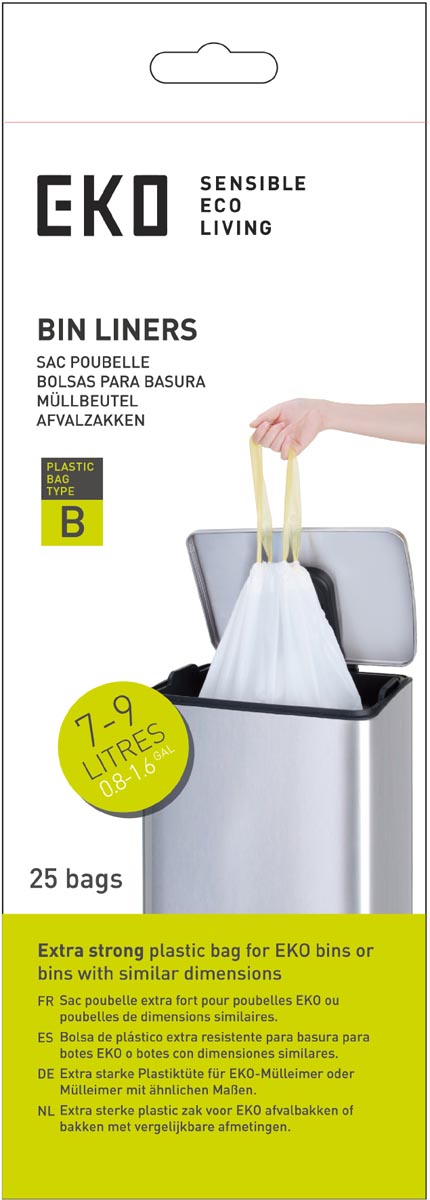 Eko vuilniszakken met trekbandsluiting, 7-9 liter, wit, 1 rol, 25 zakken