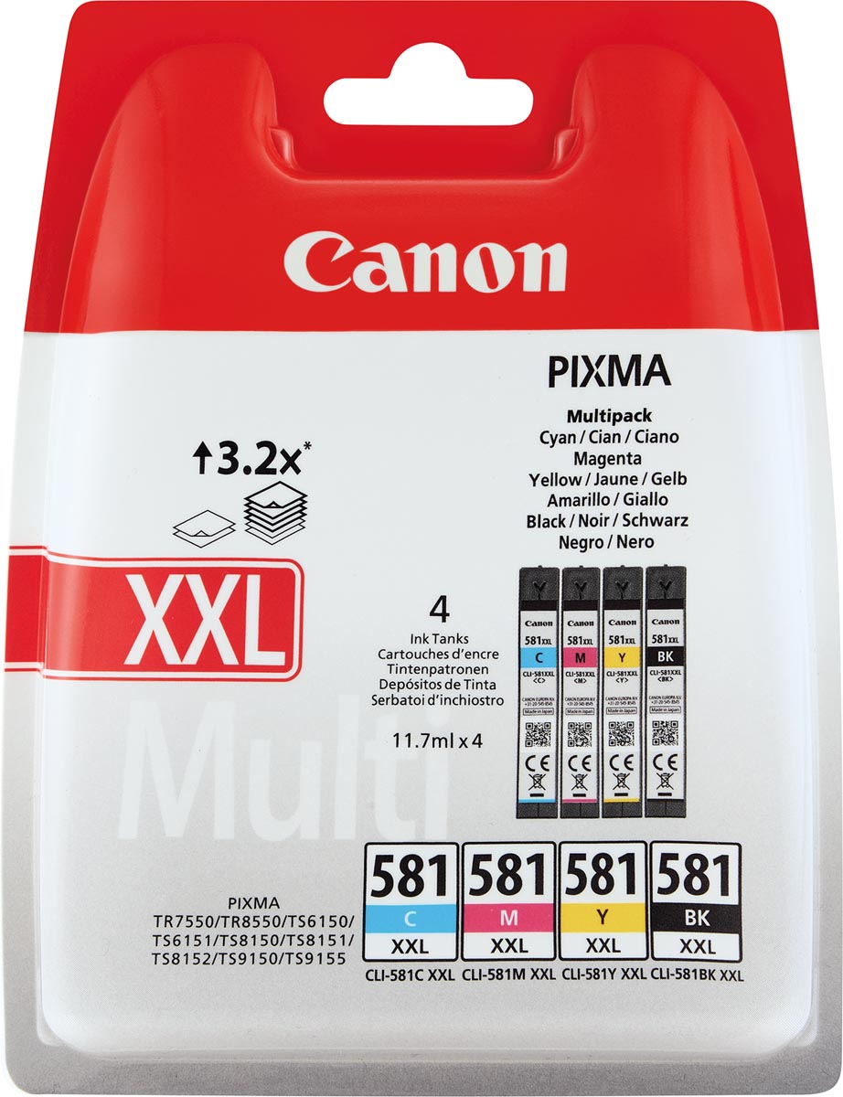 Canon inktcartridge CLI-581 XXL, 282 - 858 foto's, OEM 1998C005, 4 kleuren