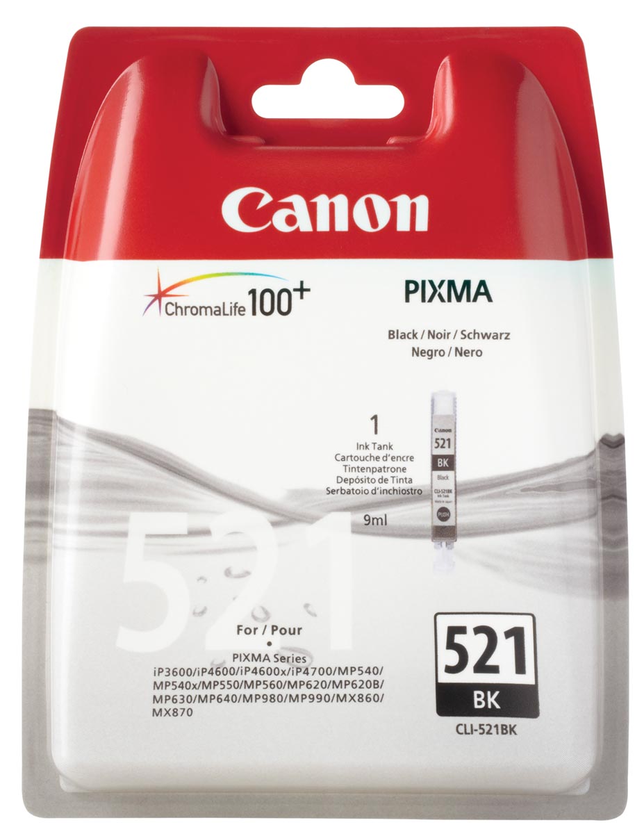 Canon inktcartridge CLI-521BK, 1.250 pagina's, OEM 2933B008, met beveiligingsysteem, zwart