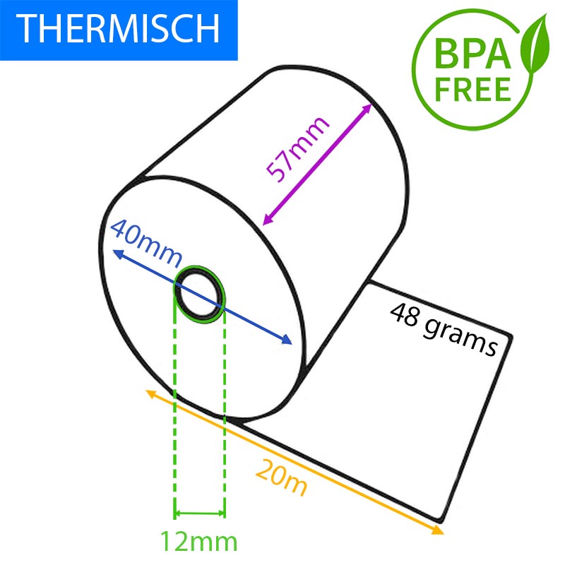 Thermorol BPA-vrij, 48 g, breedte 57 mm, diameter +- 40 mm, asgat 12 mm, lengte 20 m