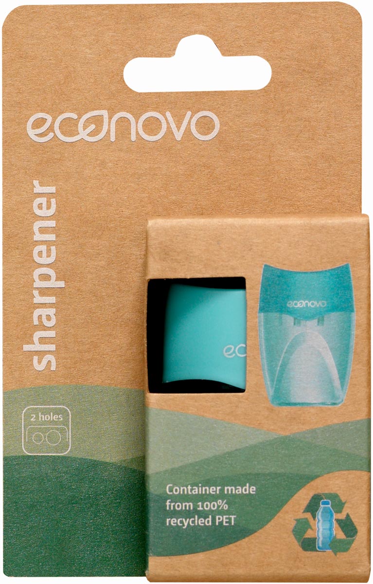 Econovo potloodslijper, met opvangbakje, 2 gaatjes, blauw, op blister afbeelding