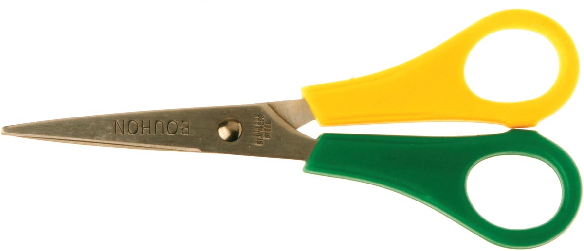 Bouhon schaar Inox 14 cm, voor linkshandigen, geel/groen, met scherpe punt afbeelding