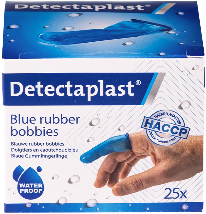 Detectaplast vingerbobs, rubber, latexvrij, blauw, pak van 25 stuks afbeelding