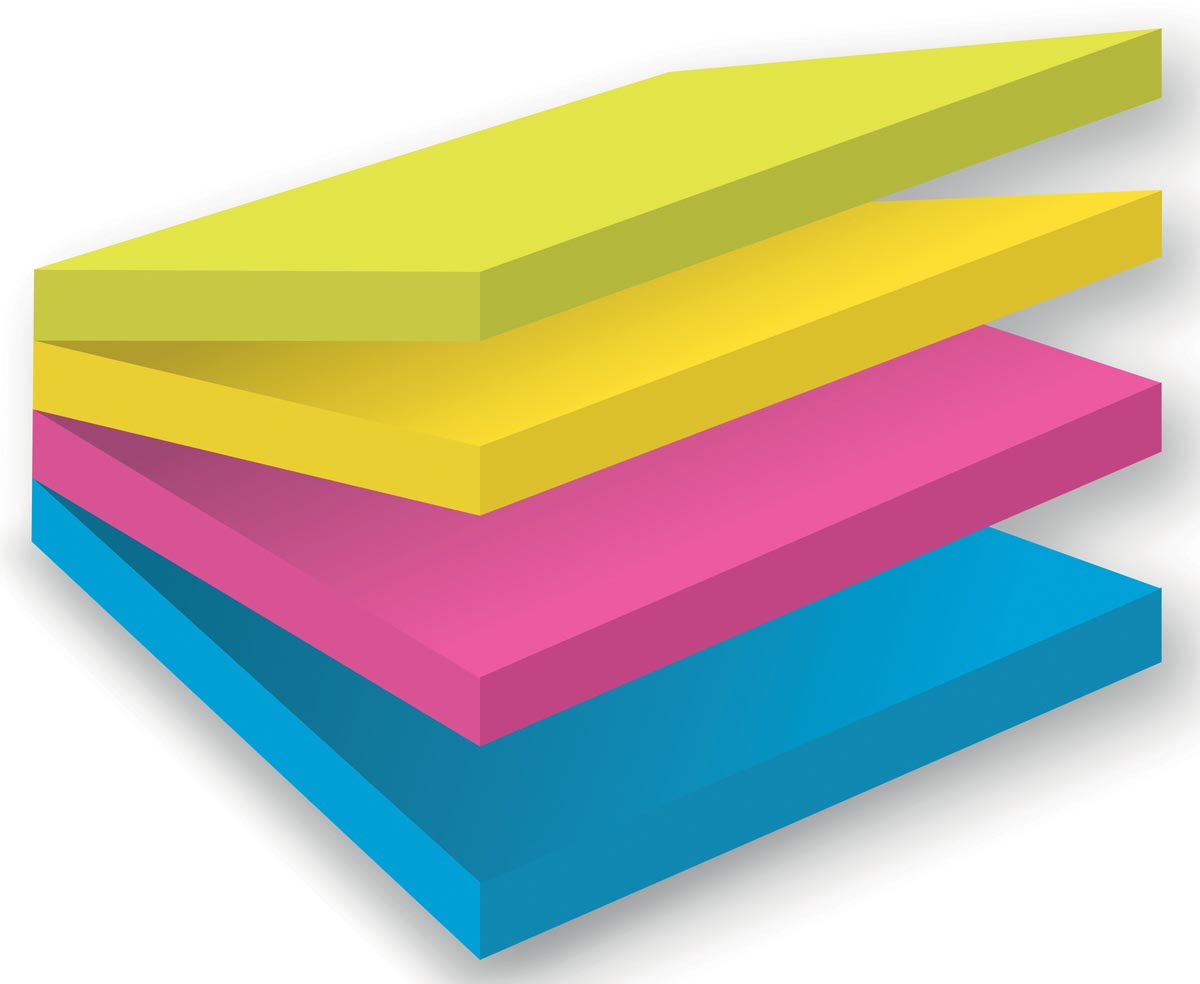 Post-it Super Sticky notes, 75 vel, ft 76 x 76 mm, blister van 4 blokken, geassorteerde kleuren afbeelding