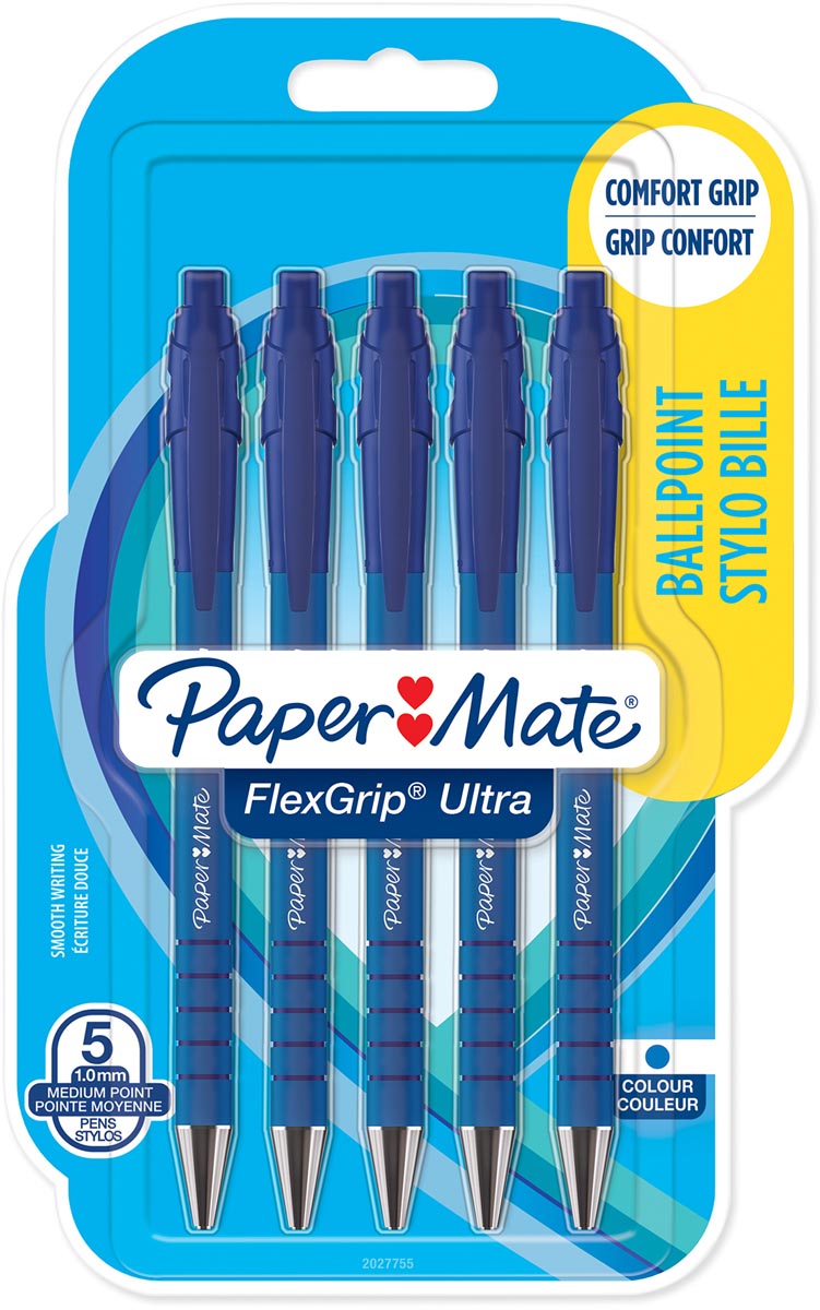 Paper Mate balpen Flexgrip Ultra RT medium, blister van 5 stuks, blauw afbeelding