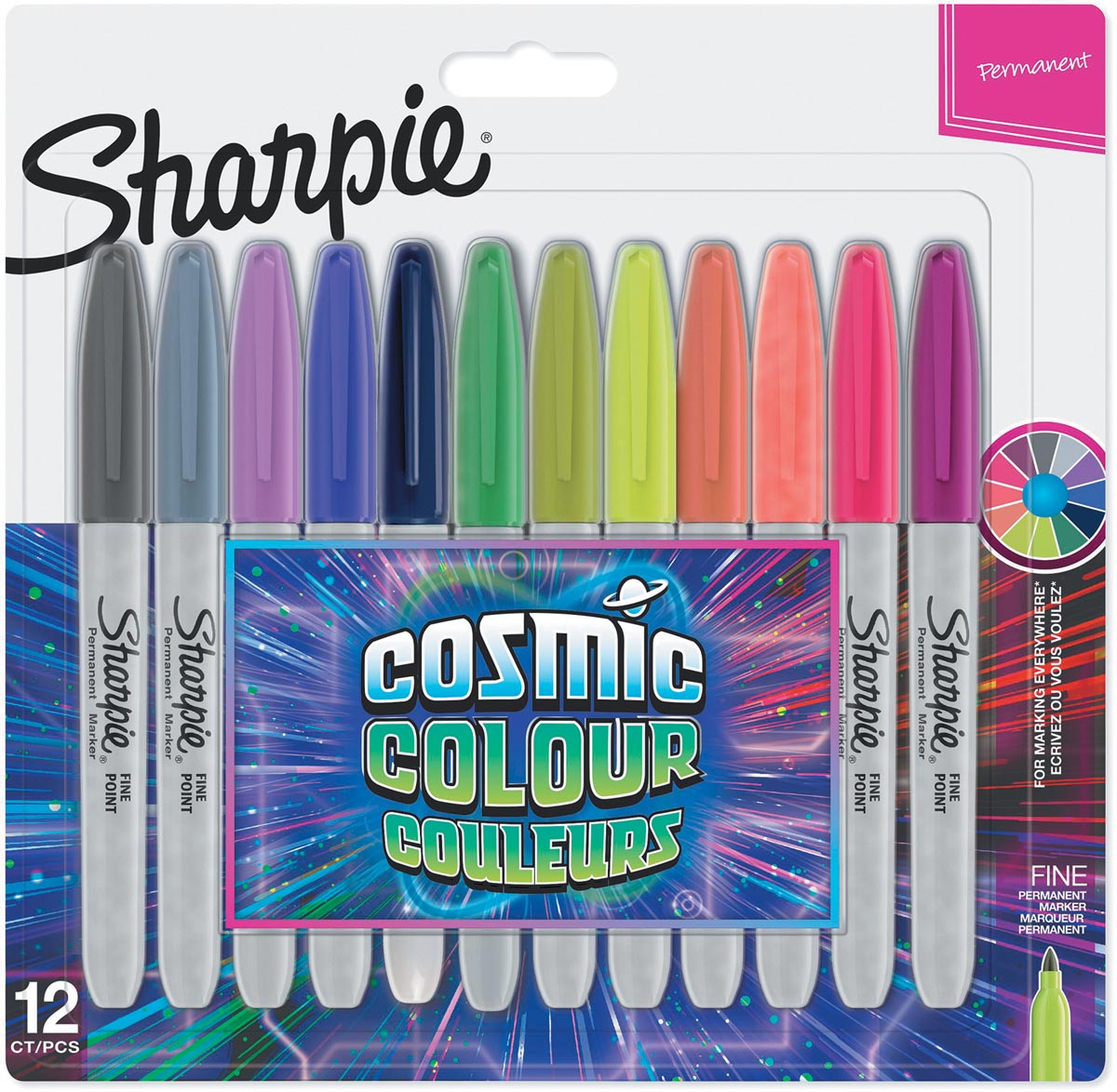 Sharpie permanente marker cosmic colour, fijne punt, blister van 12 stuks in geassorteerde kleuren