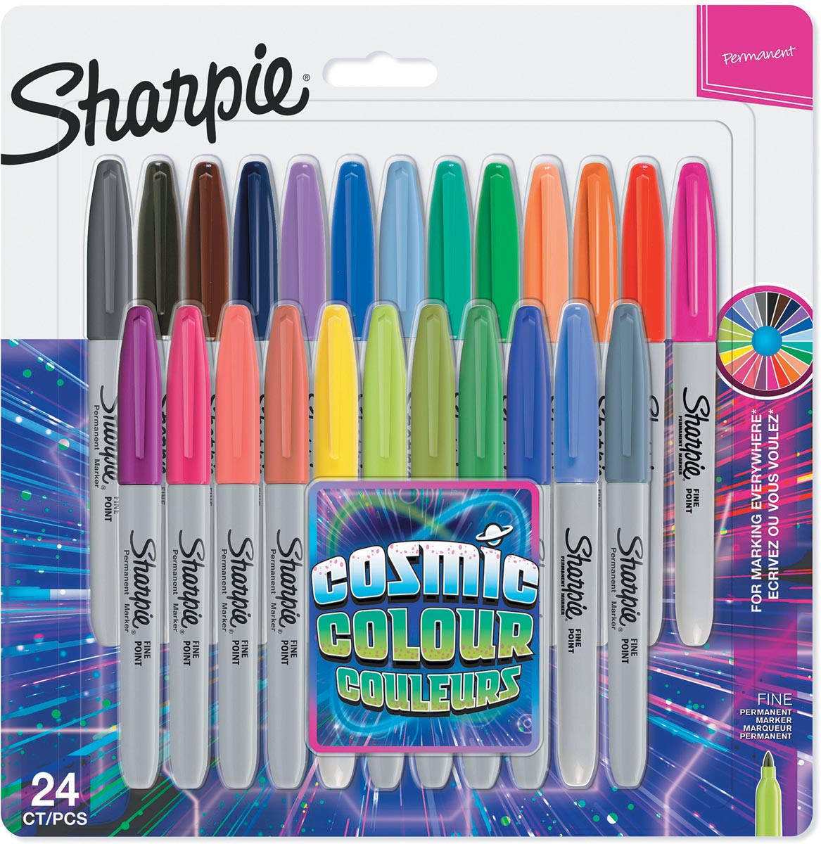 Sharpie permanente marker cosmic colour, fijne punt, blister van 24 stuks in geassorteerde kleuren Sharpie permanente marker cosmic colour, fijne punt, blister van 24 stuks in geassorteerde kleuren