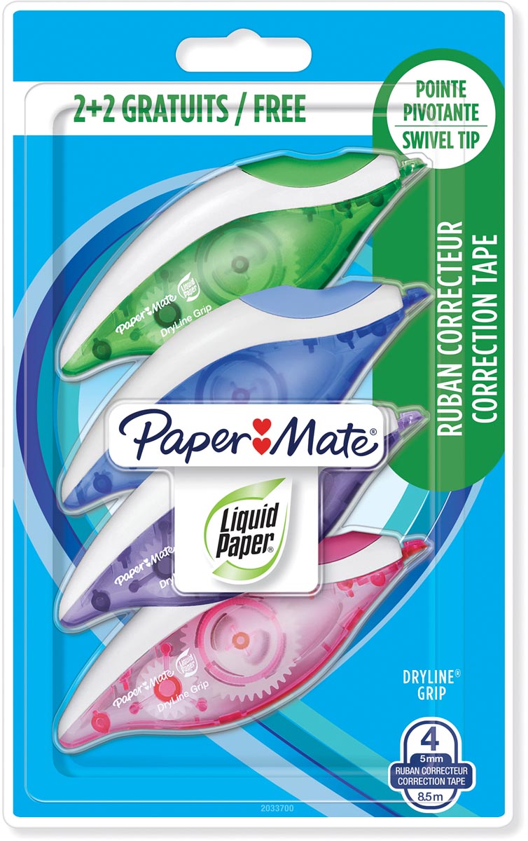 Paper Mate correctieroller Liquid Dryline Grip, blister 2 + 2 gratis
