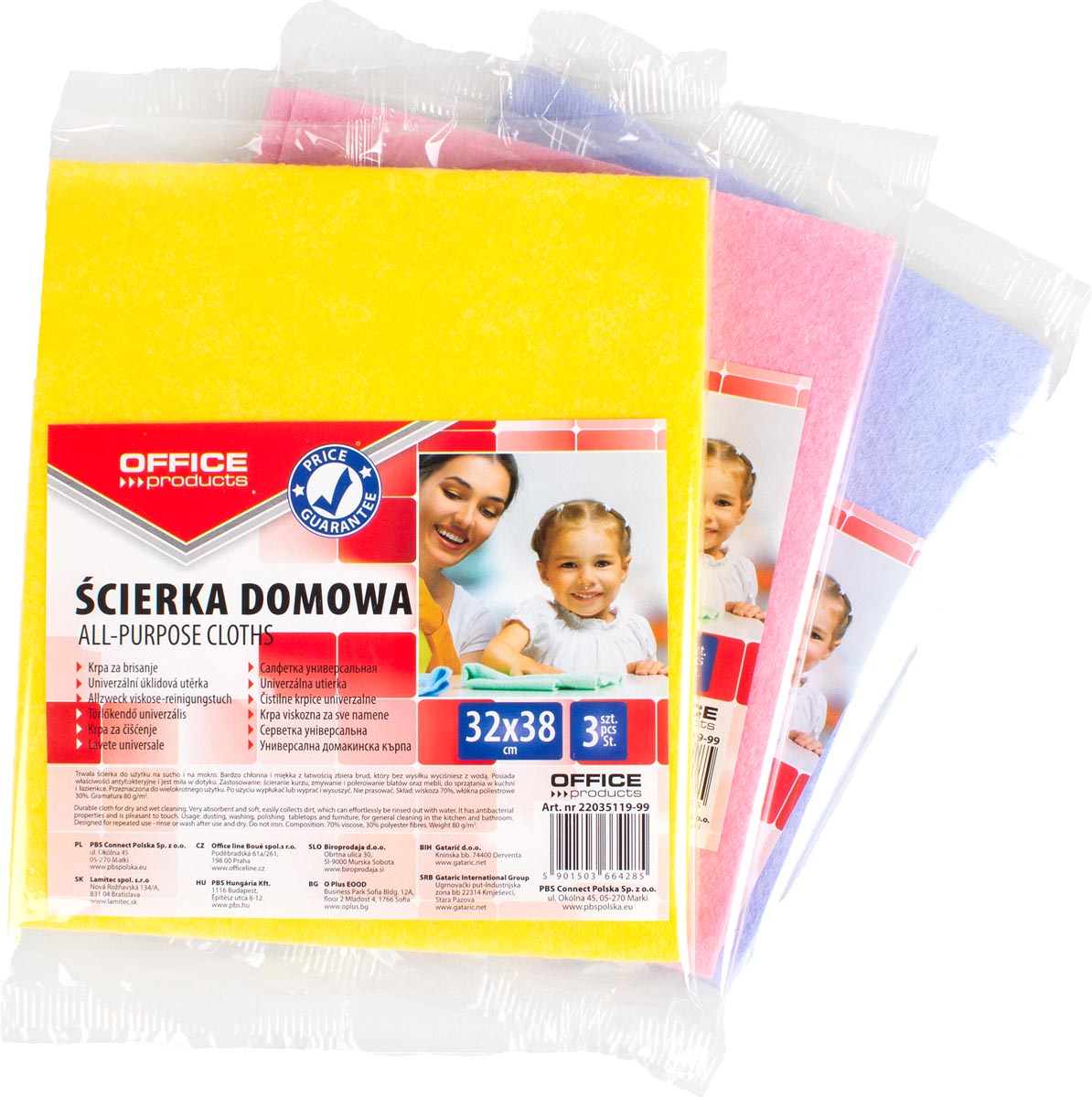 OFFICE products huishouddoekjes, universeel, 32 x 38 cm, geassorteerde kleuren, pak van 3 stuks