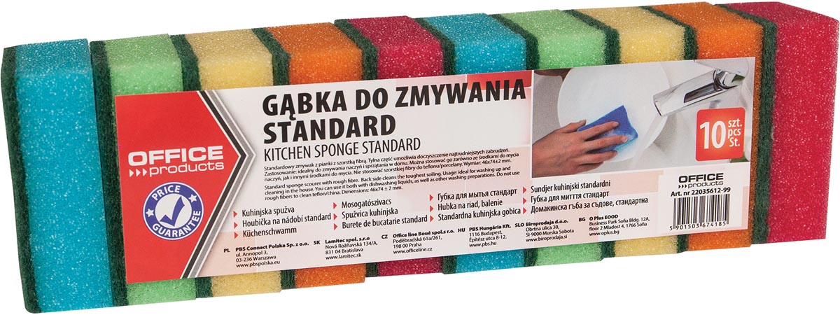 OFFICE products schuurspons, 4,6 x 7,4 cm, pak van 10 stuks in geassorteerde kleuren