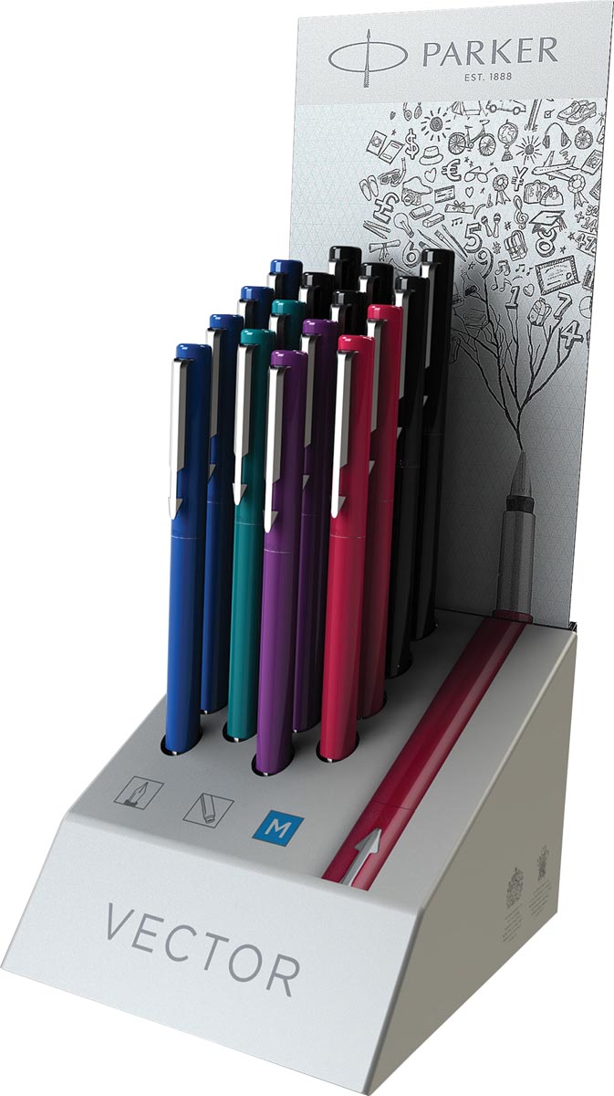 Parker Vulpen Vector Medium Display Met 18 Stuks In Geassorteerde Kleuren huismerk kopen in de aanbieding Parker Vulpen Vector Medium Display Met 18 Stuks In Geassorteerde Kleuren huismerk kopen in de aanbieding