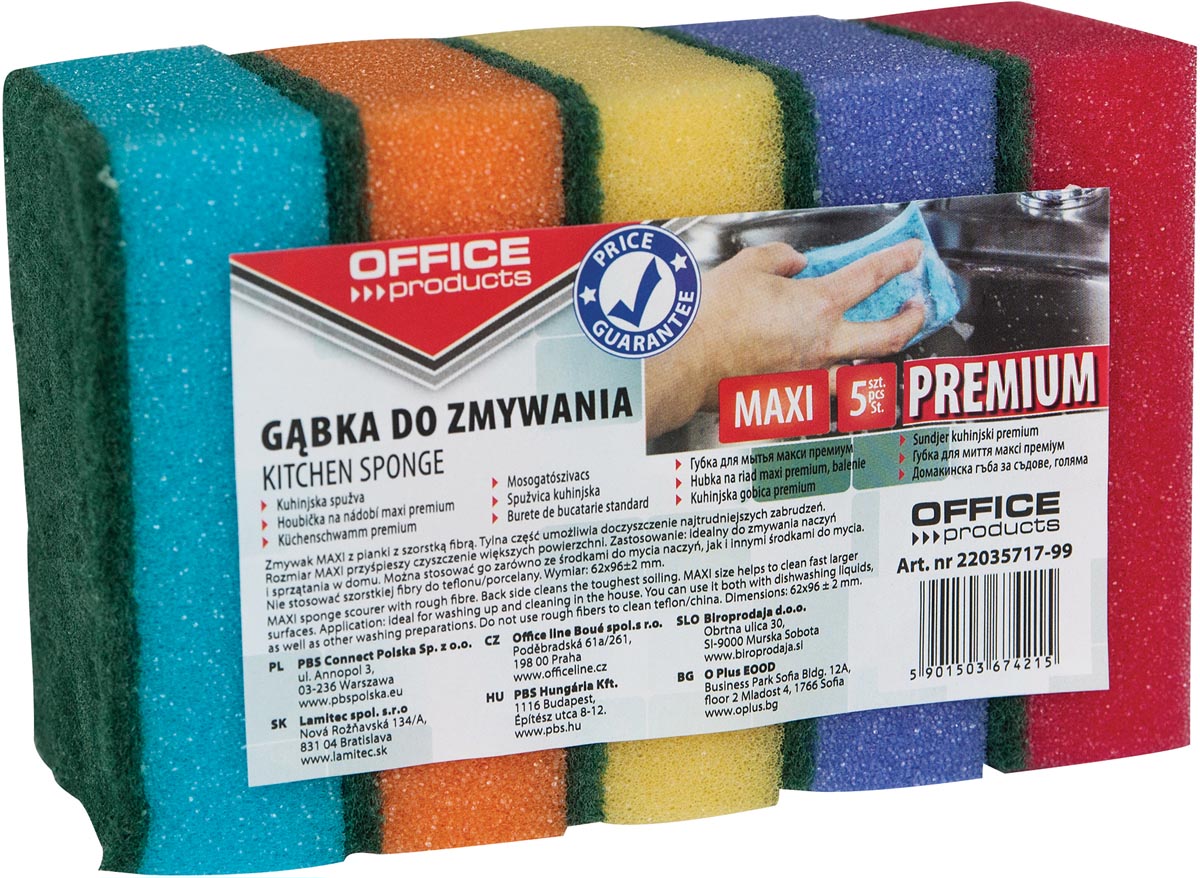 OFFICE products schuurspons, ft 6,2 x 9,6 cm, pak van 5 stuks in geassorteerde kleuren afbeelding