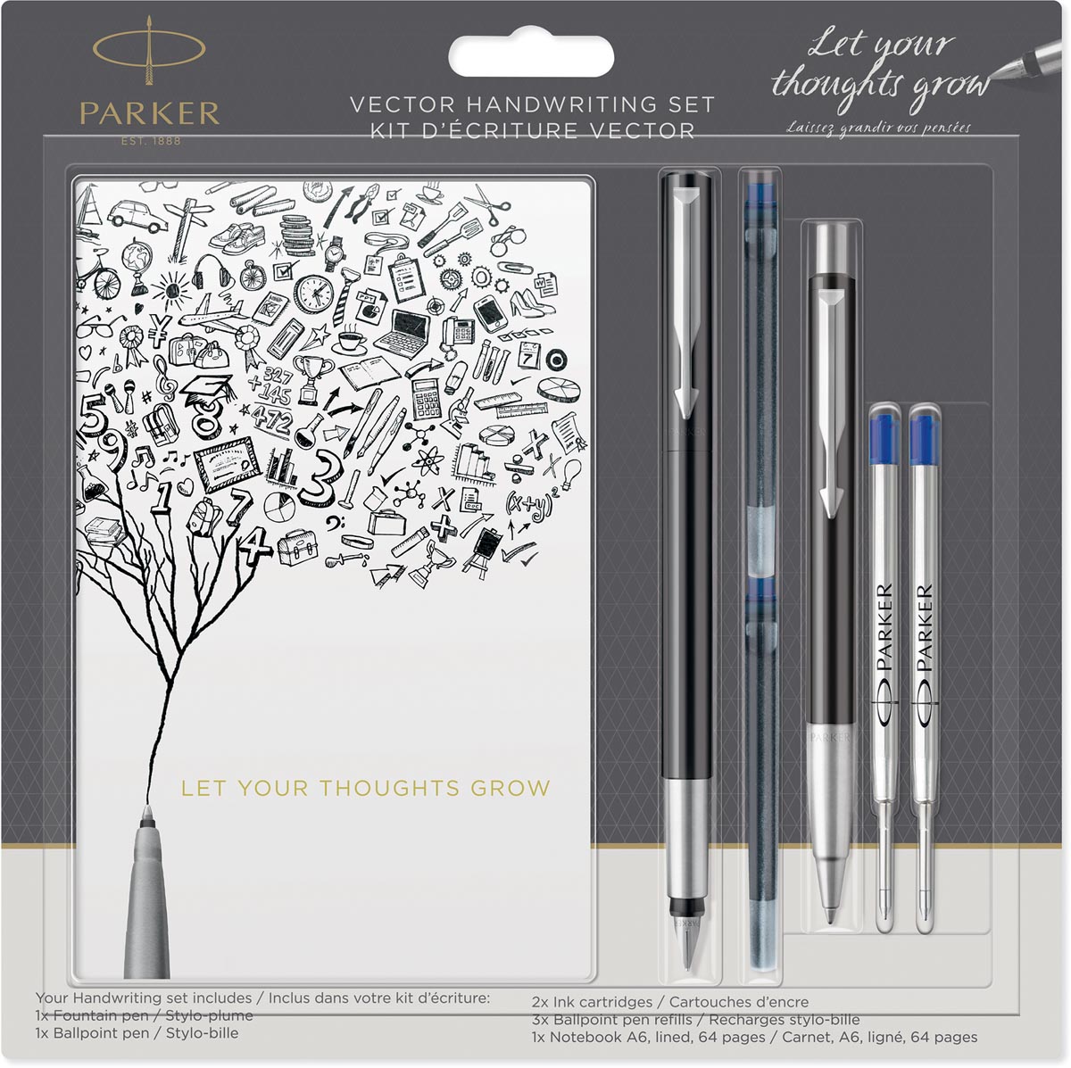 Parker schrijfset Vector vulpen, balpen, schriftje en vullingen, op blister, in geassorteerde kleuren