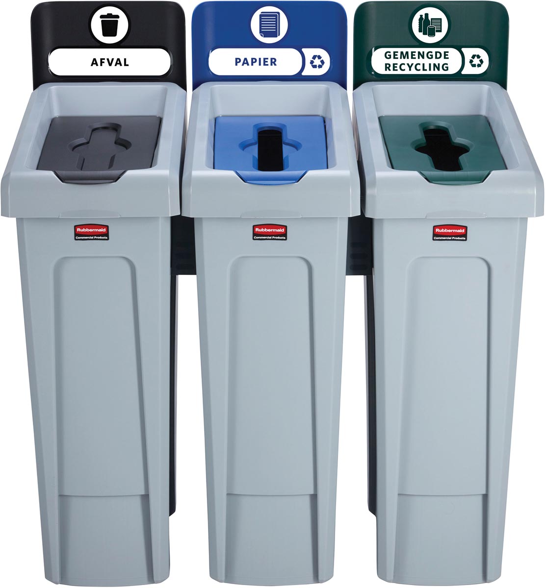 Rubbermaid Slim Jim Recyclingstation voor afval, papier en gemengde recycling, zwart / blauw / groen