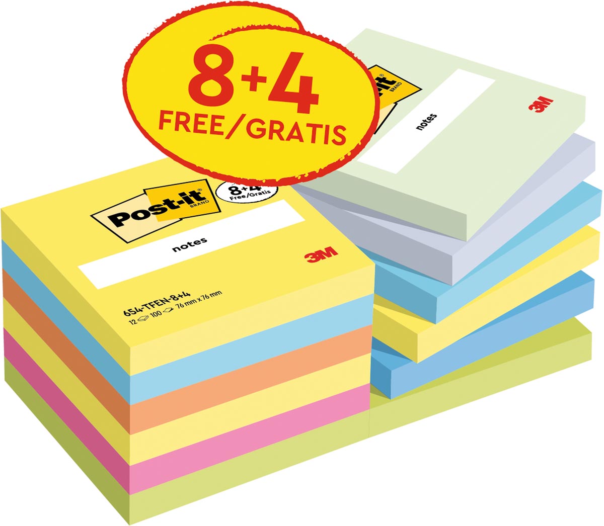 Post-it Notes Energetic, 100 vel, ft 76 x 76 mm, 8 + 4 GRATIS