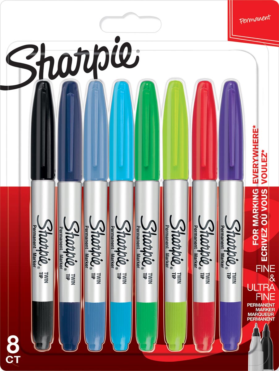 Sharpie permanente marker twin tip, blister van 8 stuks in geassorteerde kleuren