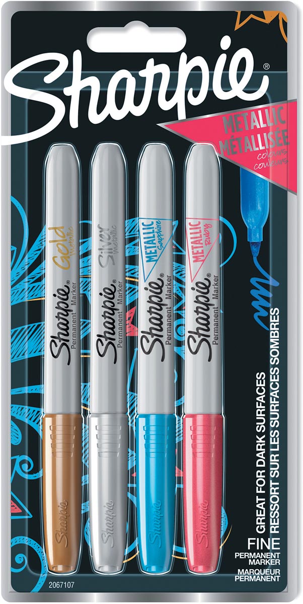 Sharpie permanente marker metallic, fijne punt, blister van 4 stuks in geassorteerde kleuren Sharpie permanente marker metallic, fijne punt, blister van 4 stuks in geassorteerde kleuren