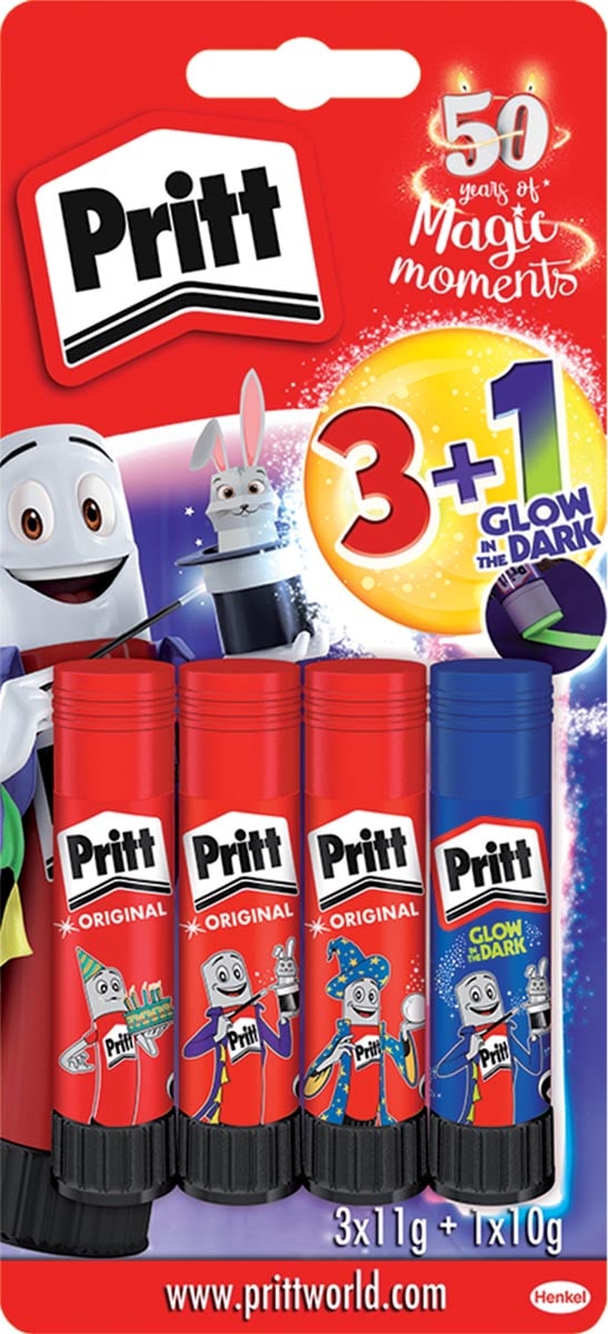 Pritt plakstift 3 x 11 g + 1 glow in the dark 10 g gratis, op blister