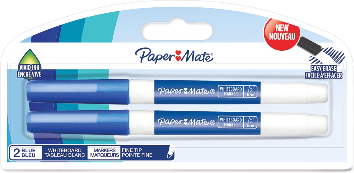 Paper Mate whiteboardmarker met fijne punt, blister van 2 stuks, blauw