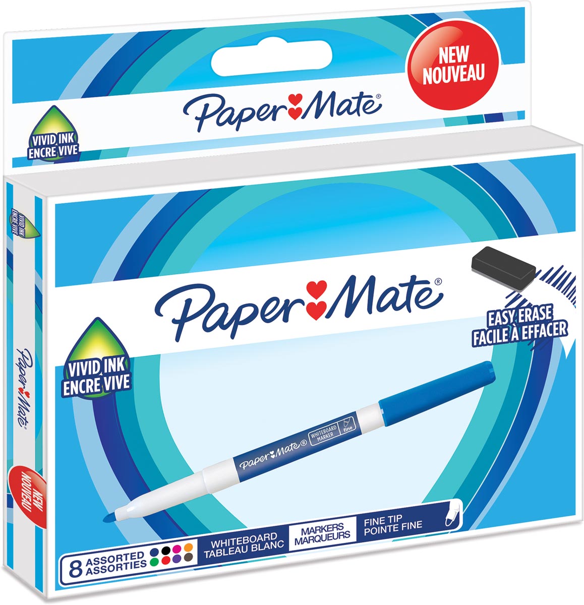 Paper Mate whiteboardmarker met fijne punt, blister van 8 stuks, geassorteerde kleuren