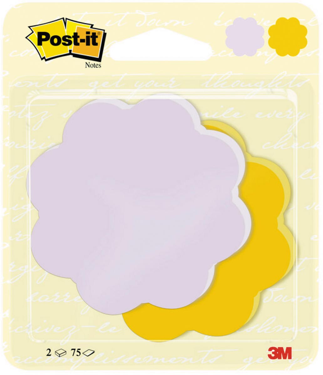 Post-it Notes, 2 x 75 vel, ft 72,5 x 72,2 mm, bloem, paars en ultrageel Post-it Notes, 2 x 75 vel, ft 72,5 x 72,2 mm, bloem, paars en ultrageel