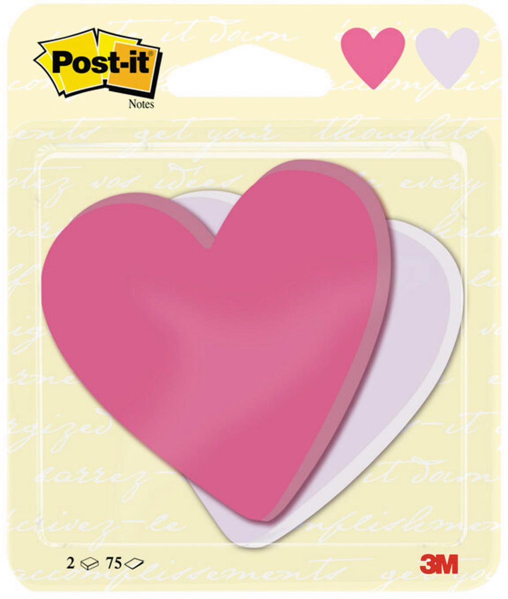 Post-it Notes, 2 x 75 vel, ft 70 x 72 mm, hart, power roze en paars Post-it Notes, 2 x 75 vel, ft 70 x 72 mm, hart, power roze en paars