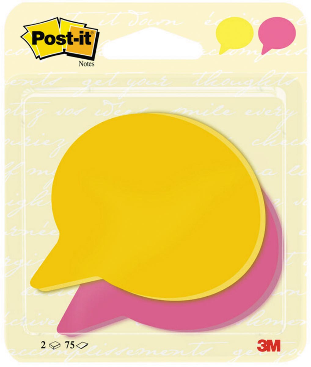 Post-it Notes, 2x 75 vel, ft 71 x 73 mm, tekstballon, neongeel en power roze Post-it Notes, 2x 75 vel, ft 71 x 73 mm, tekstballon, neongeel en power roze