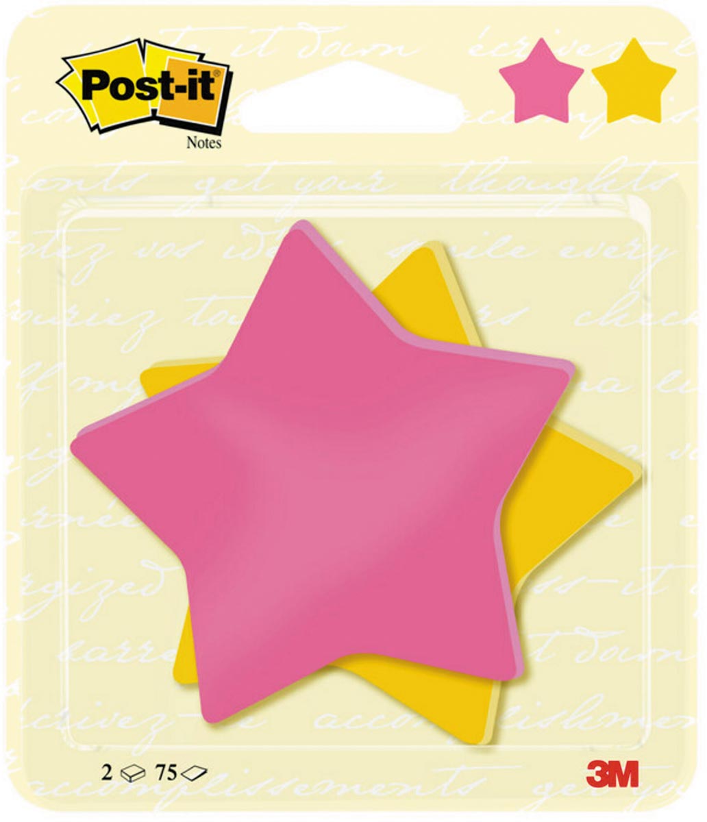 Post-it Notes, 2x 75 vel, ft 70,5 x 70,5 mm, ster, ultrageel en power roze Post-it Notes, 2x 75 vel, ft 70,5 x 70,5 mm, ster, ultrageel en power roze