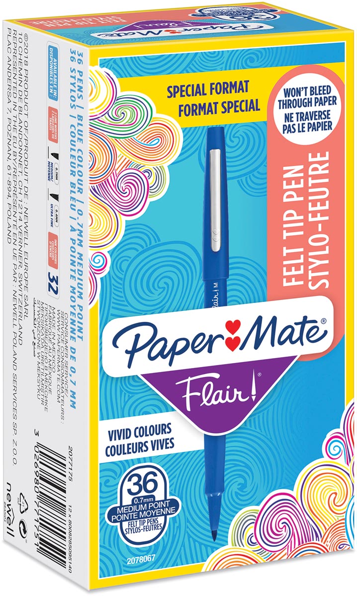 Paper Mate fineliner Flair Original, value pack van 36 stuks (30 + 6 gratis), blauw Paper Mate fineliner Flair Original, value pack van 36 stuks (30 + 6 gratis), blauw