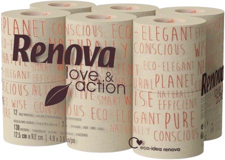 Renova Love & Action toiletpapier, 2-laags, 130 vel, pak van 108 rollen