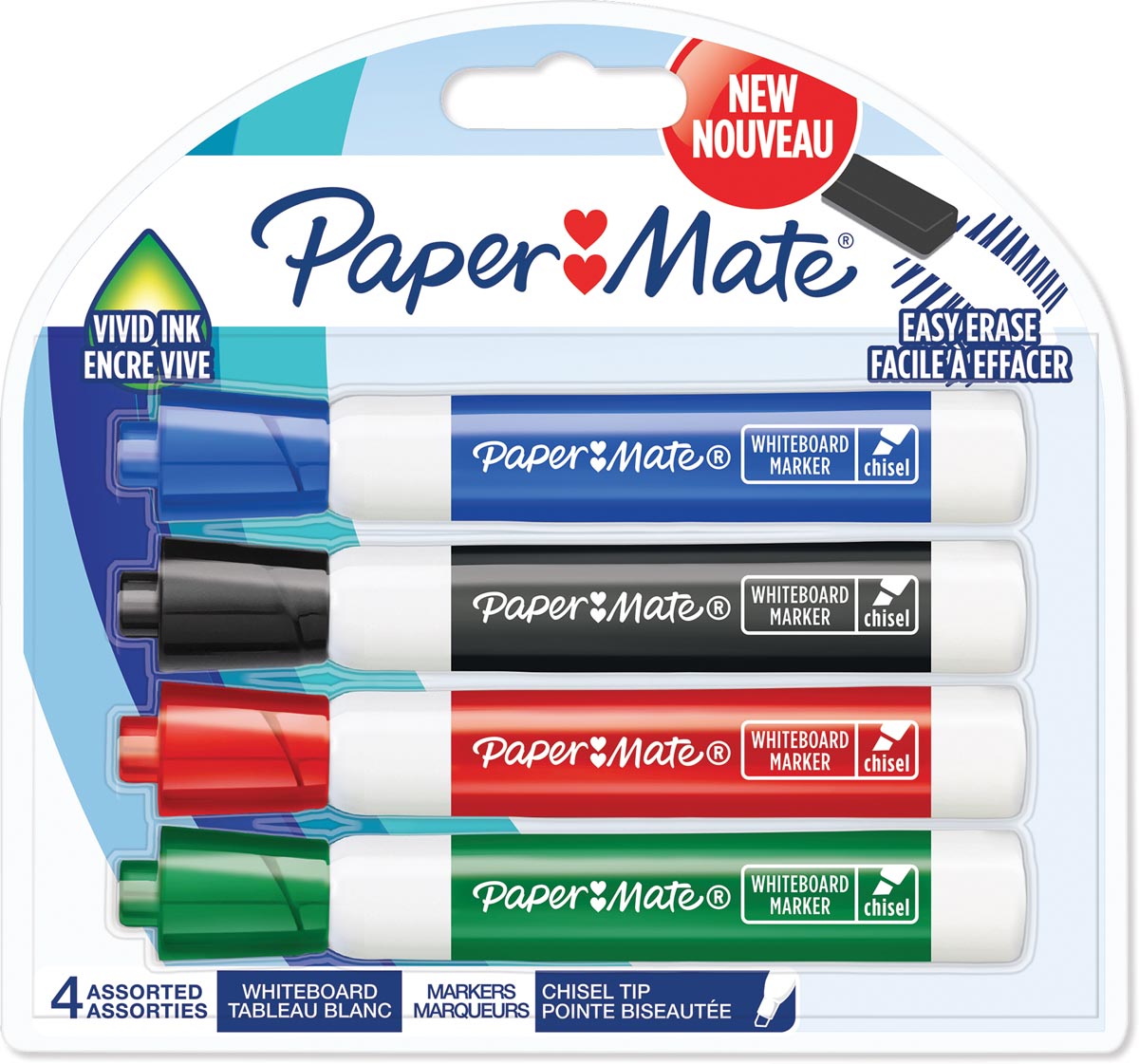 Paper Mate whiteboardmarker met schuine punt, blister van 4 stuks, geassorteerde kleuren