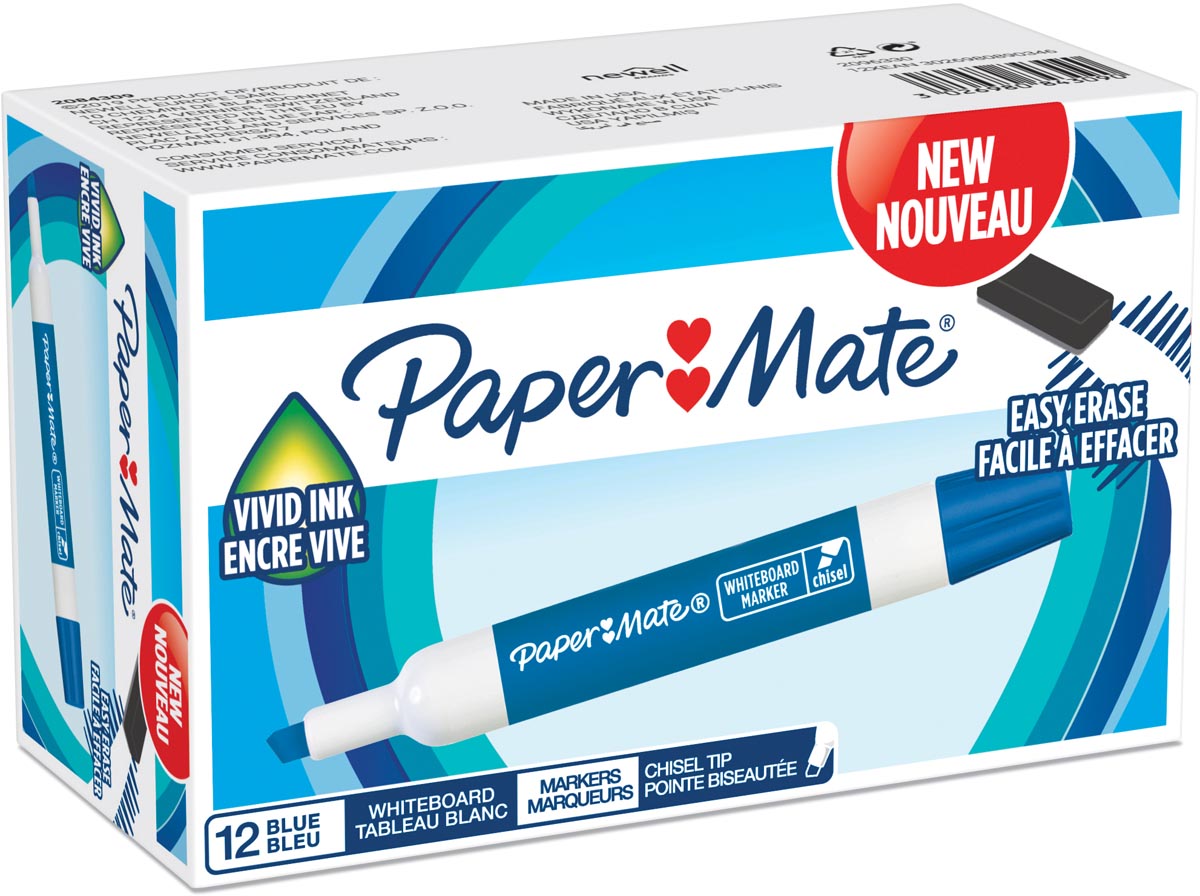 Paper Mate whiteboardmarker met schuine punt, blauw Paper Mate whiteboardmarker met schuine punt, blauw