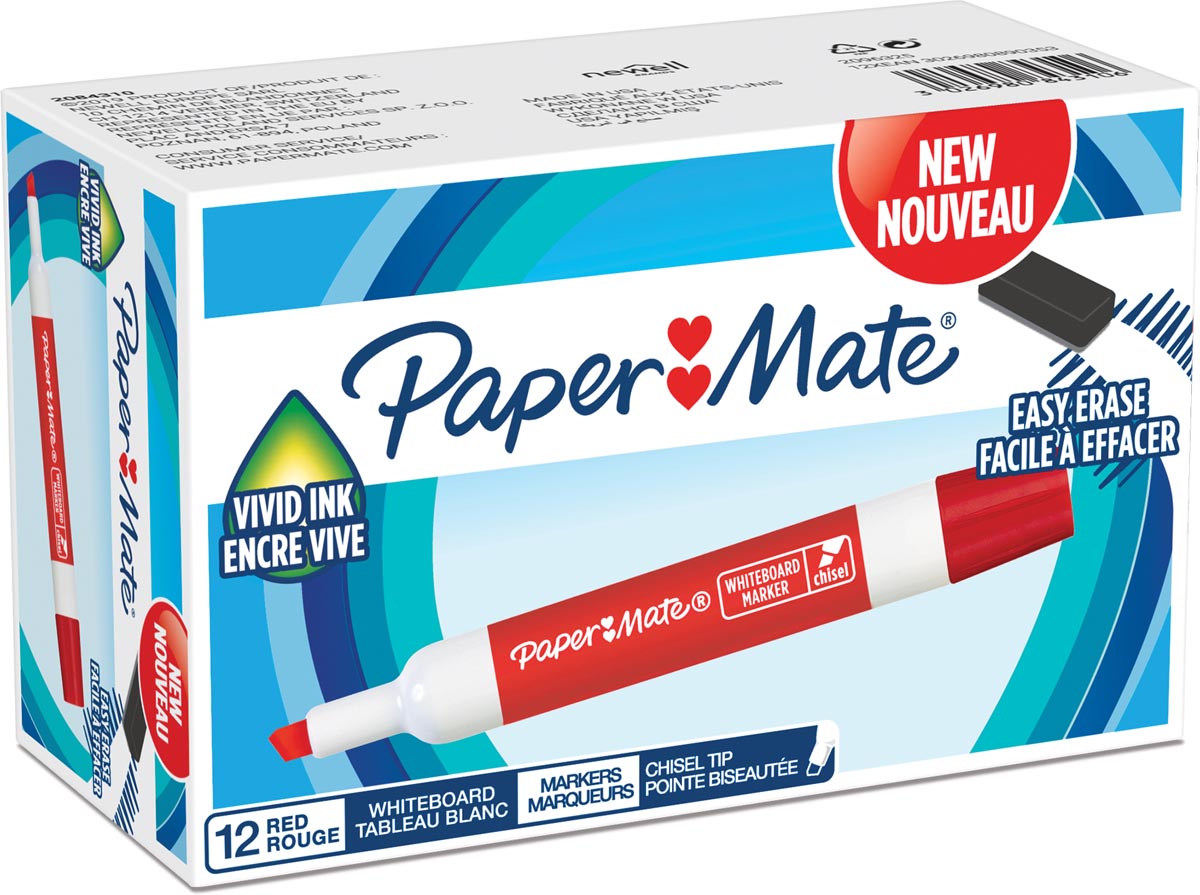 Paper Mate whiteboardmarker met schuine punt, rood Paper Mate whiteboardmarker met schuine punt, rood