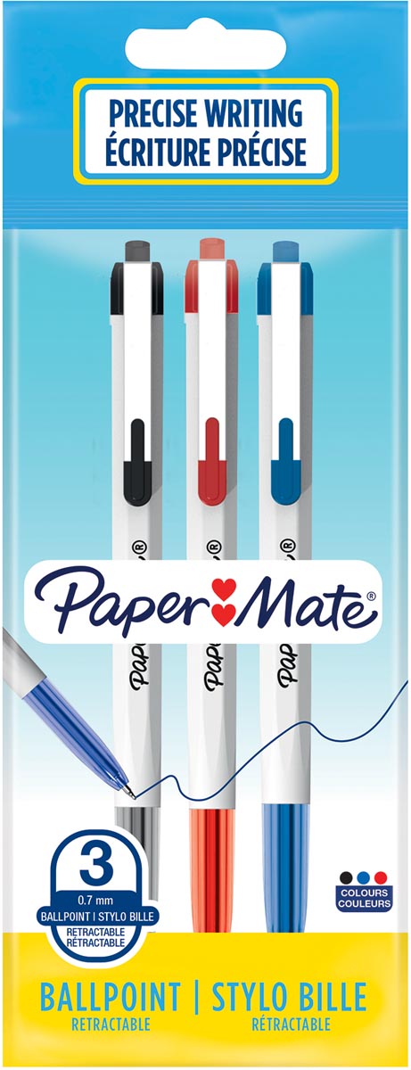Paper Mate balpen zeshoekige lichaam, intrekbaar, ophangbare etui van 3 geassorteerde kleuren Paper Mate balpen zeshoekige lichaam, intrekbaar, ophangbare etui van 3 geassorteerde kleuren