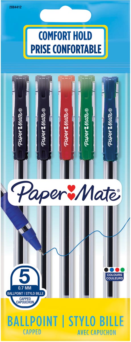 Paper Mate balpen Brite met comfortabele grip, fijn 0,7 mm, blister van 5 stuks, geassorteerde kleuren