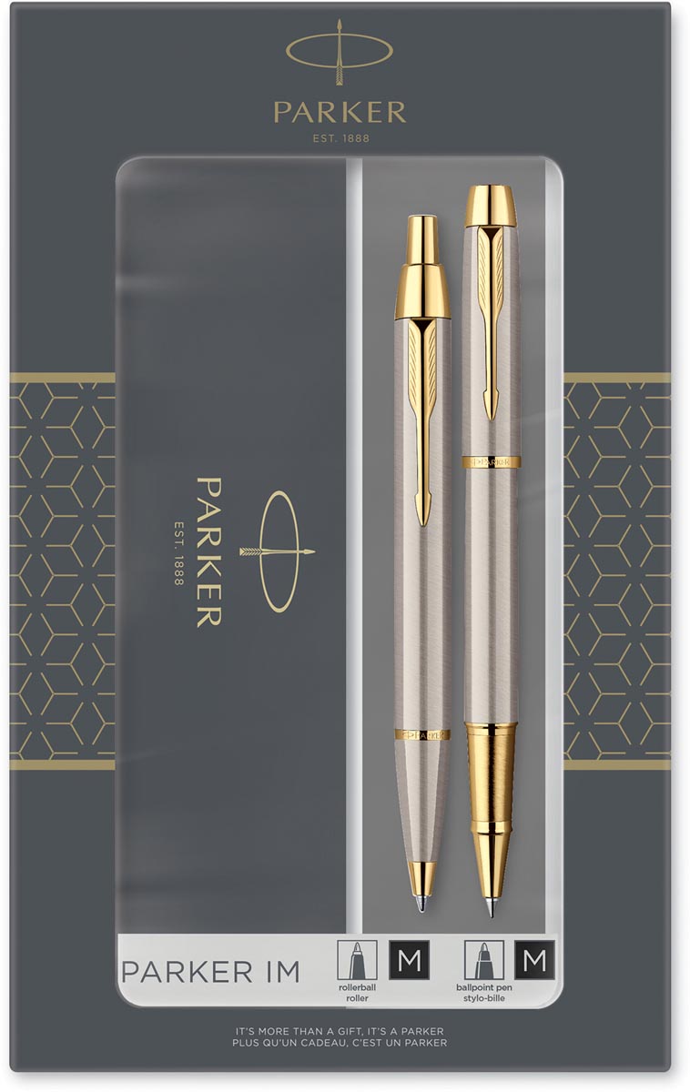 Parker IM Brusched giftbox duoset, balpen en roller, metaal GT
