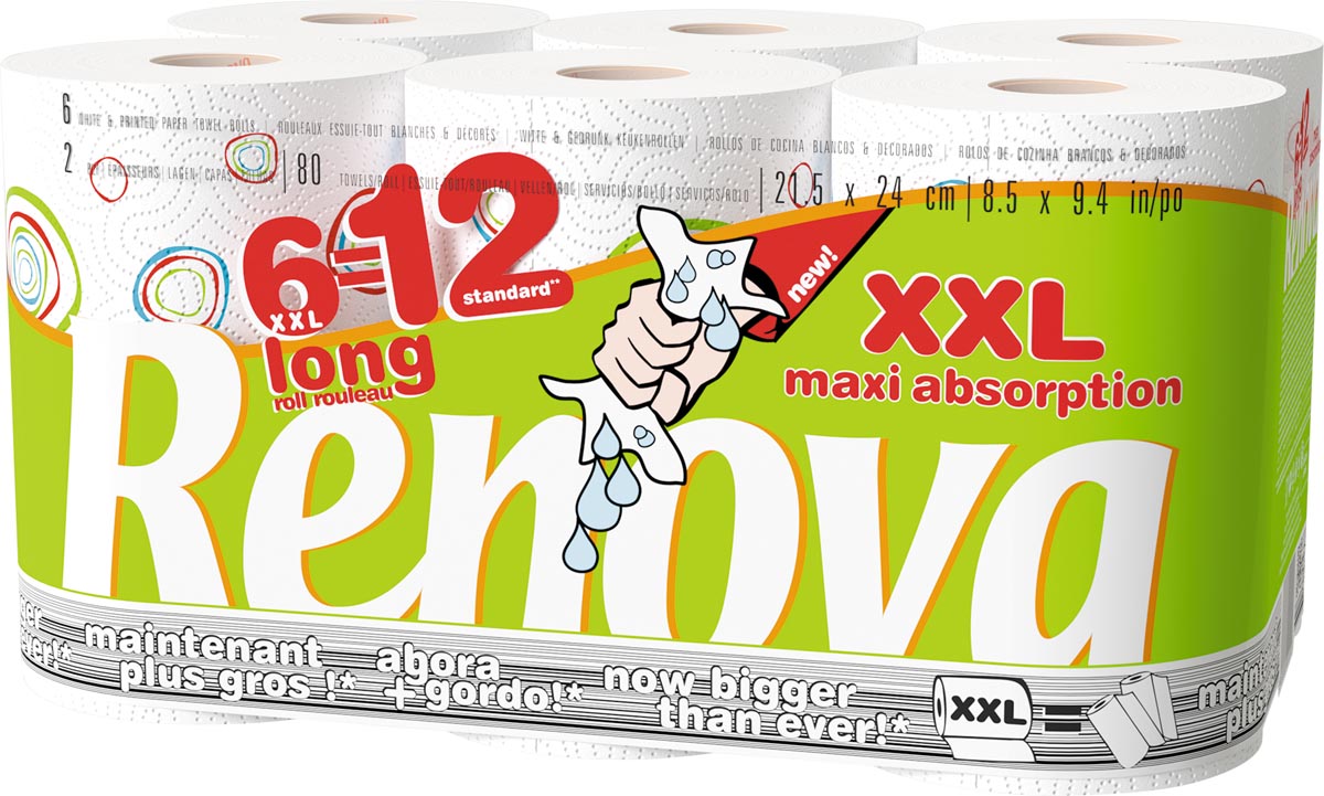 Renova keukenpapier Maxi Absorption XXL, 2-laags, 80 vel per rol, pak van 6 rollen Renova keukenpapier Maxi Absorption XXL, 2-laags, 80 vel per rol, pak van 6 rollen