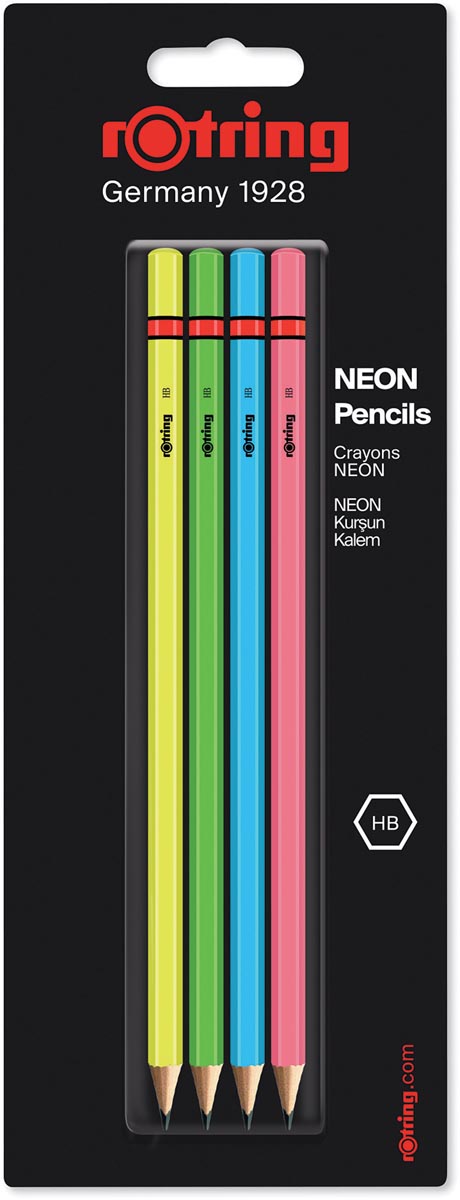 Rotring potloden, HB, geassorteerde neon kleuren, blister met 4 stuks