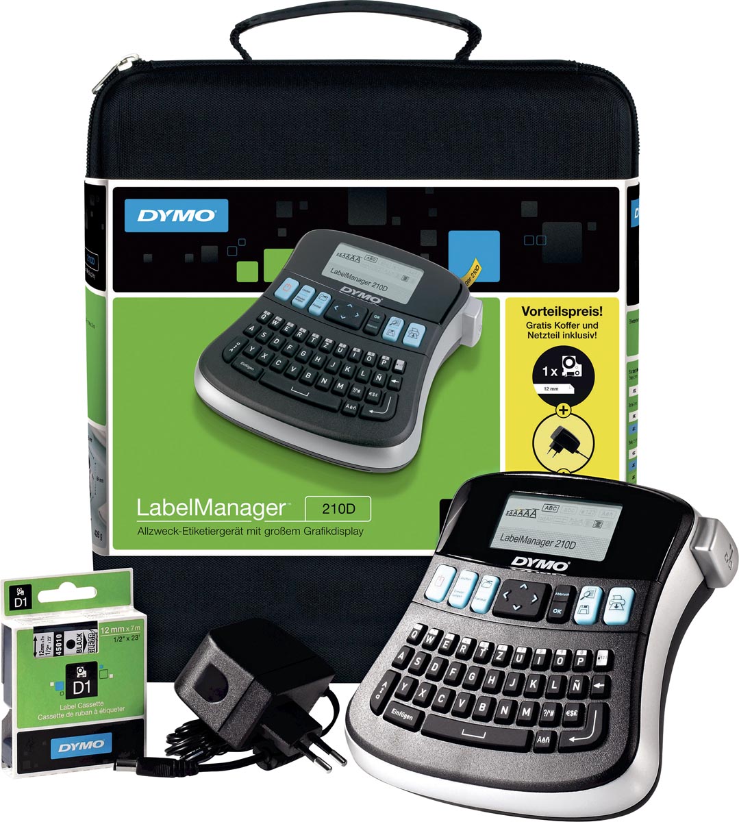 Dymo beletteringsysteem LabelManager 210D kit, qwerty, inclusief D1 tape zwart/wit, draagtas en oplader
