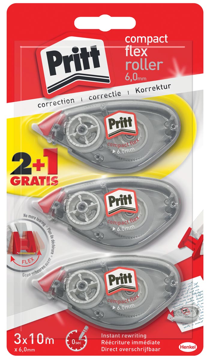 Pritt correctieroller Compact Flex 6 mm x 10 m, blister 2 + 1 gratis afbeelding