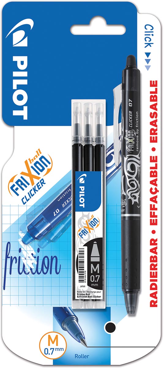 Pilot gelroller Frixion Ball Clicker, blister van 4 stuks (1 gelroller + 3 vullingen), zwart afbeelding